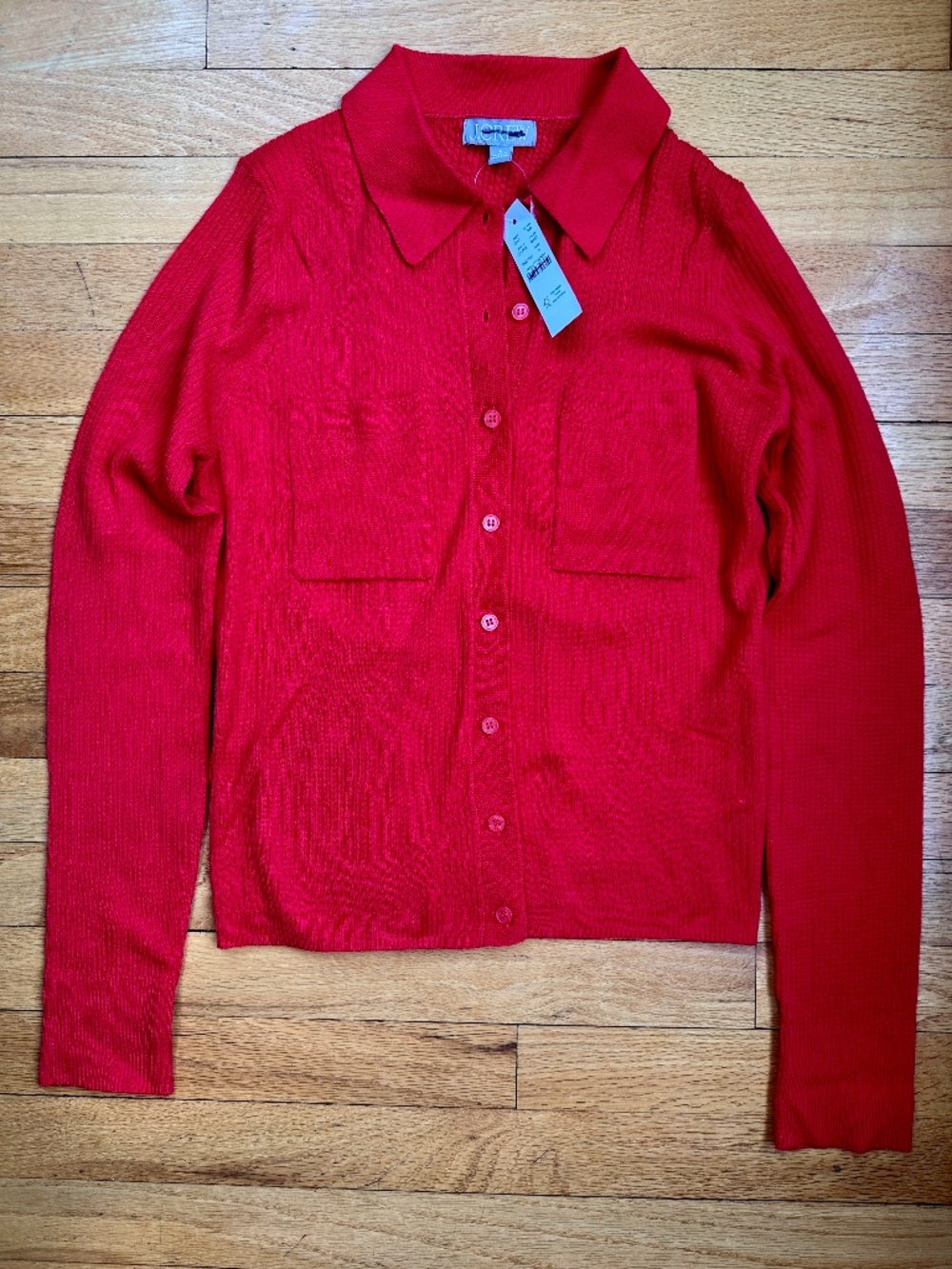 NWT J. CREW MERINO RIBBED COLLARED BUTTON DOWN SWEATER Pockets Tomato Red Large